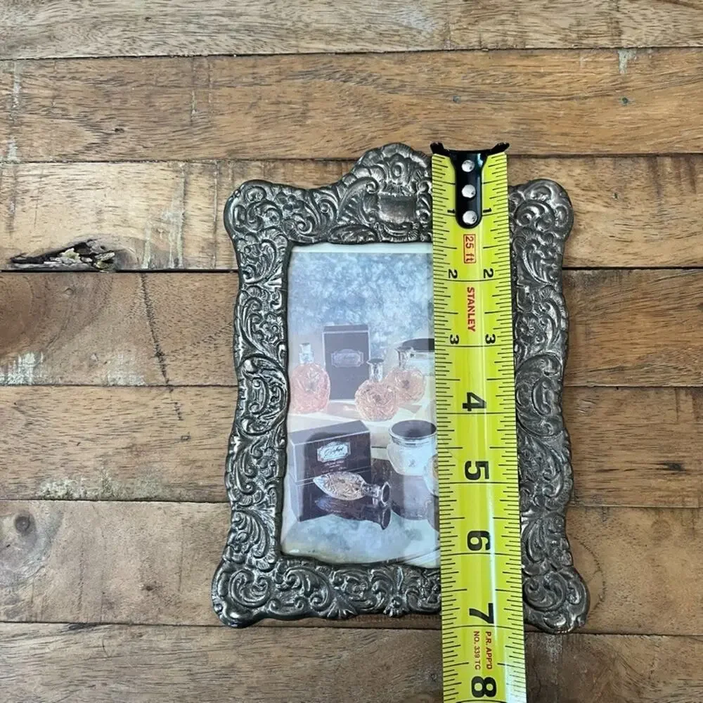 Ornate Pewter Picture Frame 3.5 x 5 in Embossed Floral Scrollwork Free Standing